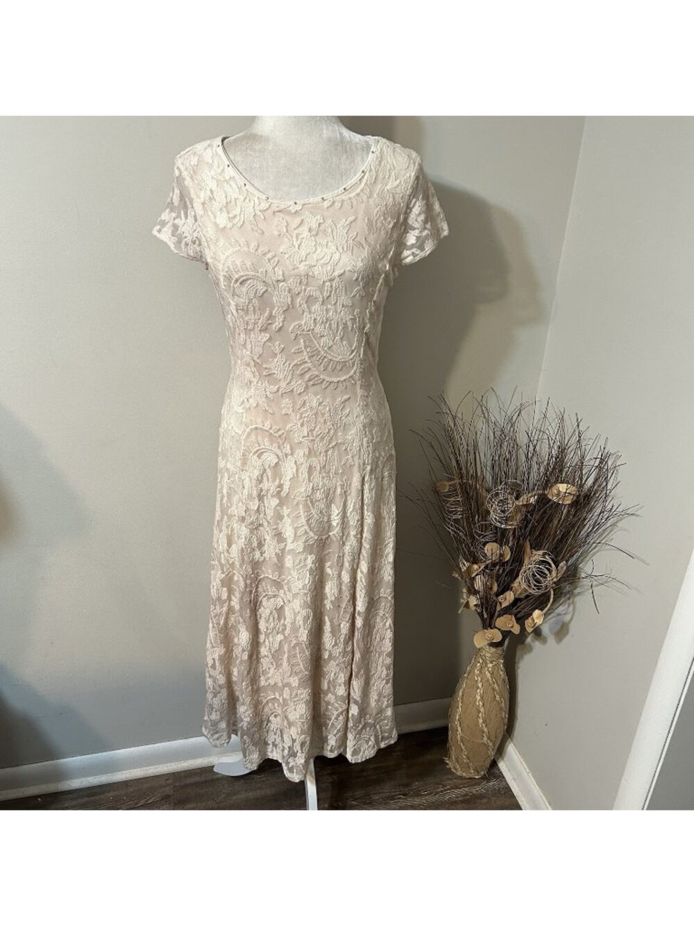 Reba Dress Women Pale Pink Cap Sleeve Paisley Lace Overlay Lined Midi Dress Sz M